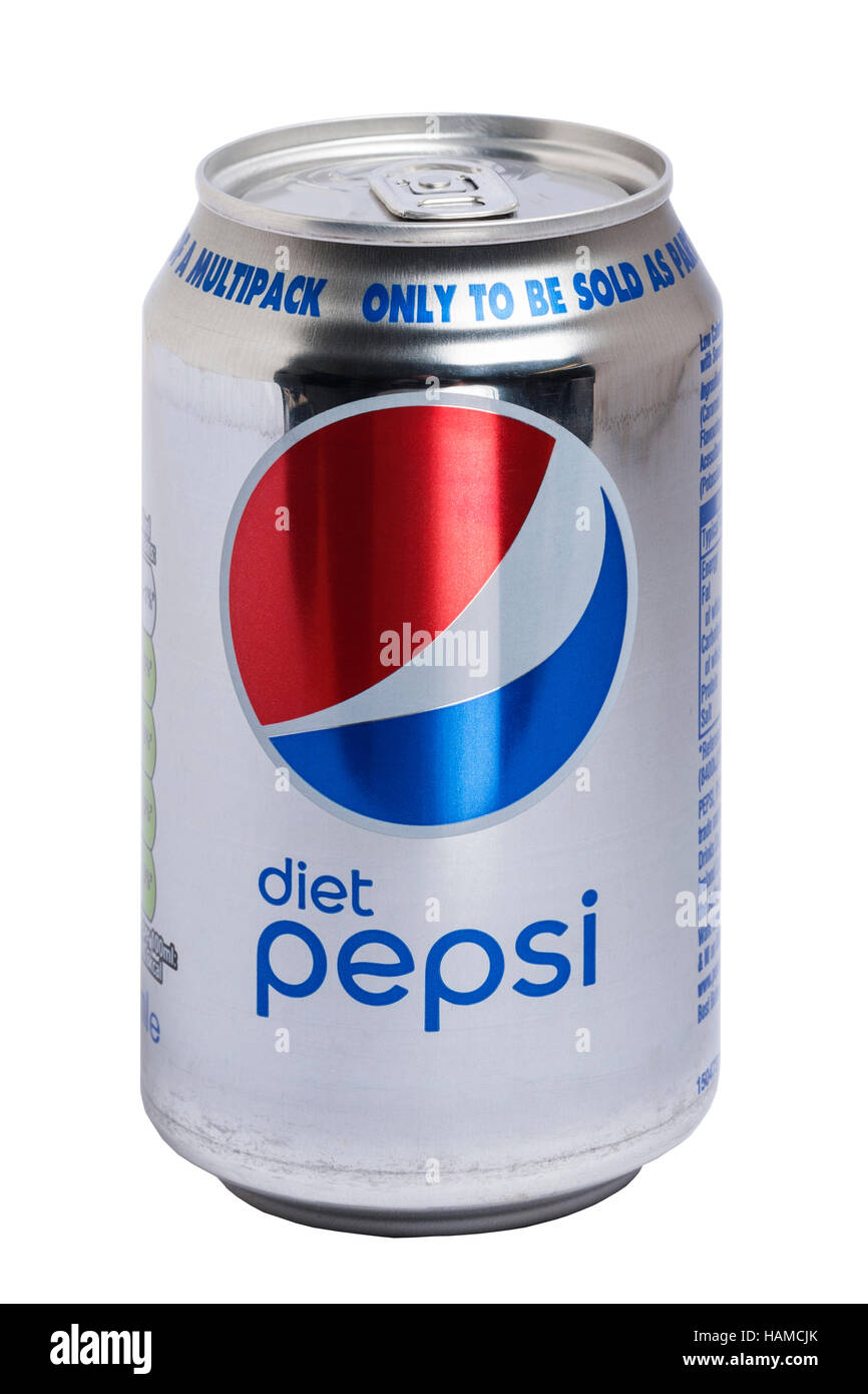 Eine Dose Diet Pepsi Cola auf weißem Hintergrund Stockfoto