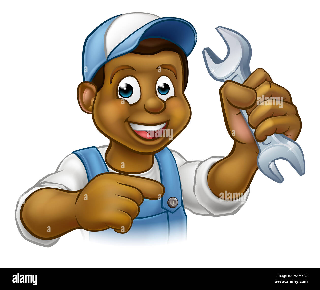 Ein Klempner oder Mechaniker Handwerker Cartoon-Figur hält einen Schraubenschlüssel und zeigen Stockfoto