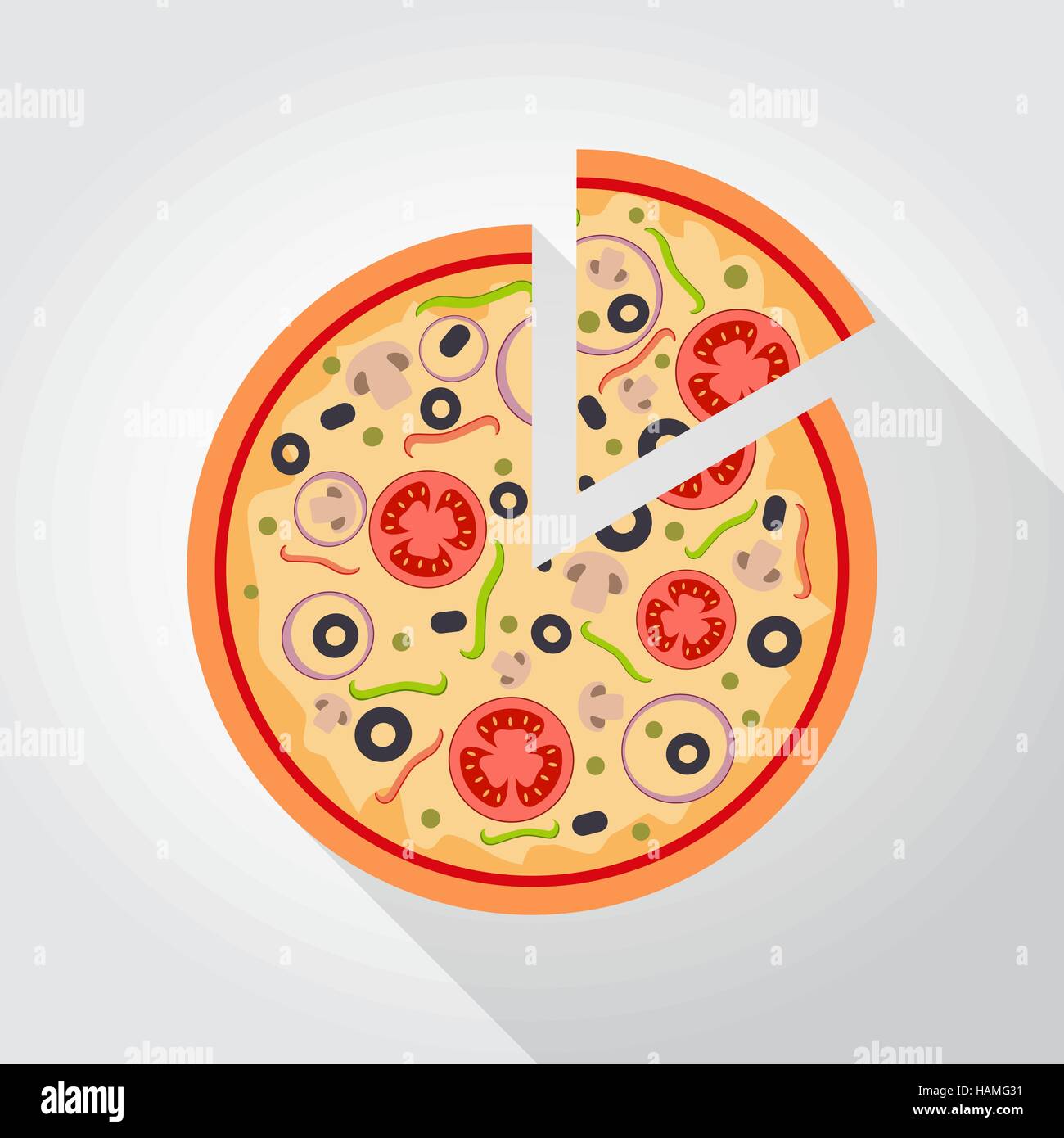 Flache Vigetarian Stück Pizza mit Tomaten und Champignons. Stock Vektor