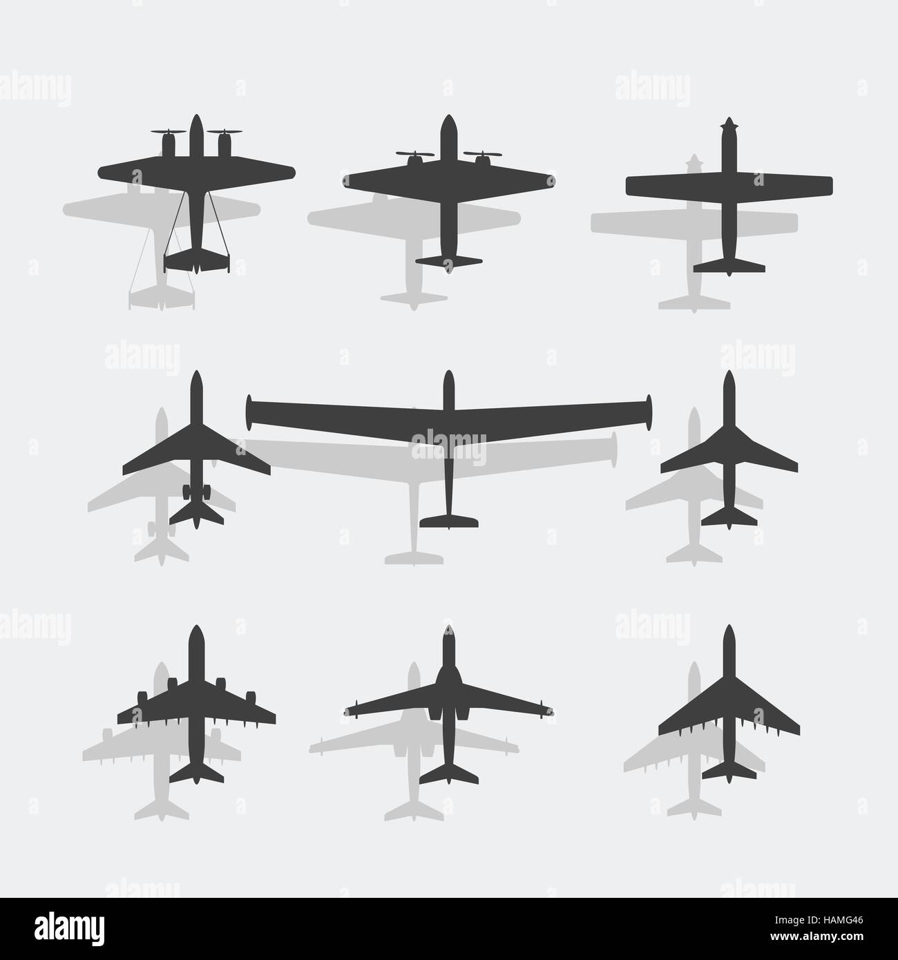 Schwarzes Papier Papier Passagierflugzeuge und Krieg Kämpfer Symbol gesetzt. Stock Vektor