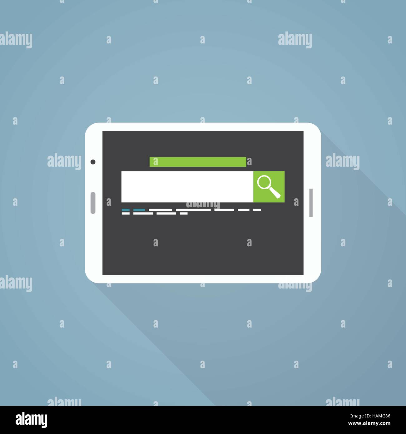 Flache Darstellung mit langen Schatten. Weiße Tablette und Suchmaschine mit grünen Suchtaste. Stock Vektor