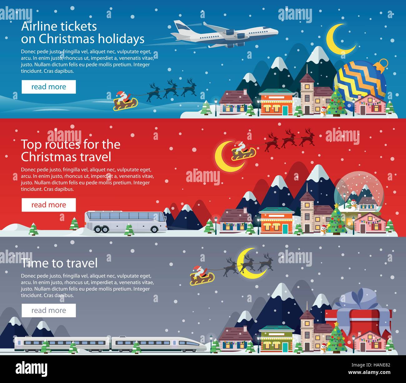 Frohe Weihnachten-Banner im flachen Stil. Reisen mit Flugzeug, Bus und Bahn. Eine kleine Stadt in Bergen. Der Winterurlaub. Stock Vektor