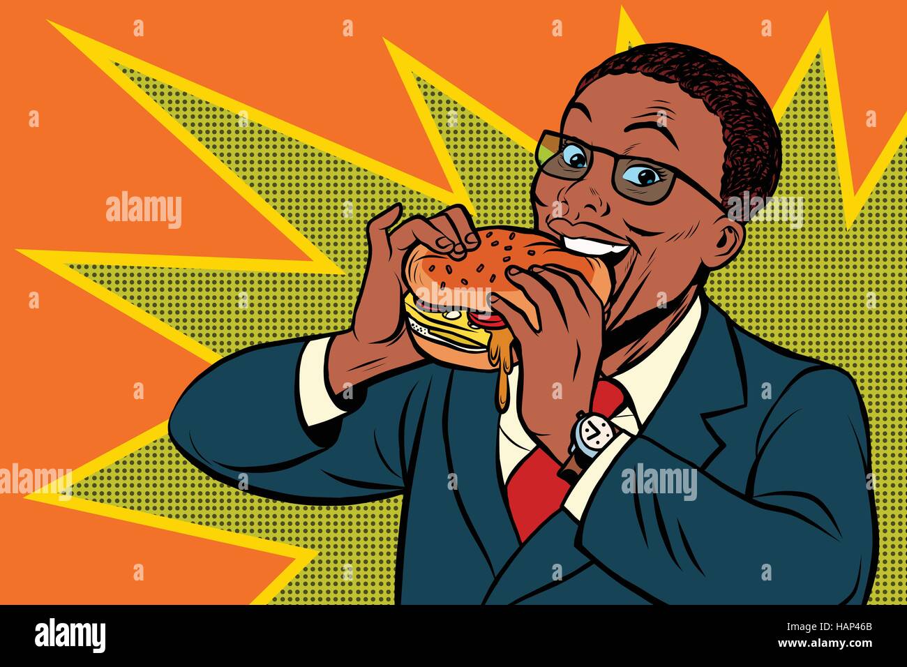 Pop-Art-Mann isst einen Burger Stock Vektor