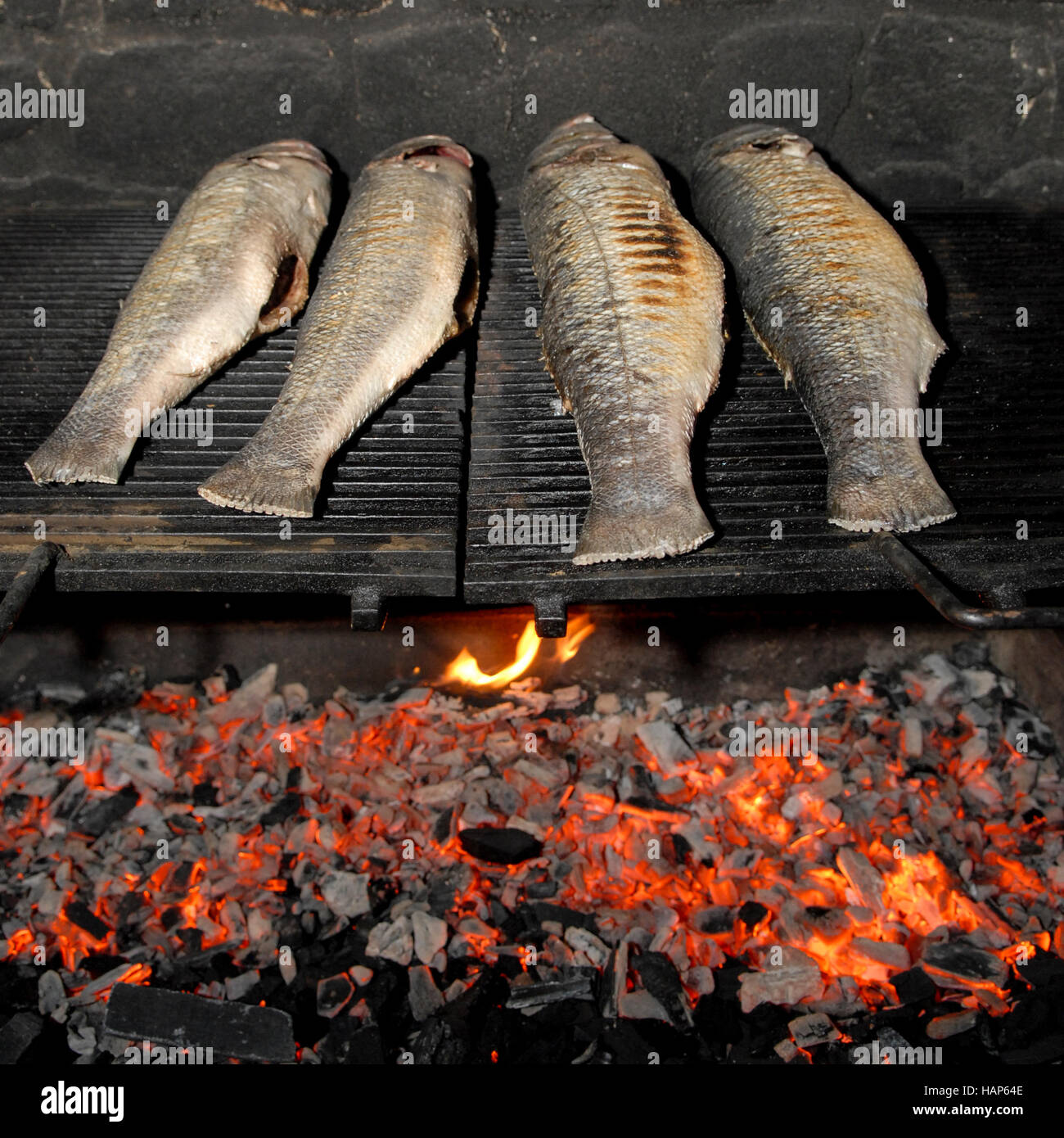 Traditionelle Fisch grillen, verzerrt Fisch auf Holz, Grill, Frankreich  Stockfotografie - Alamy