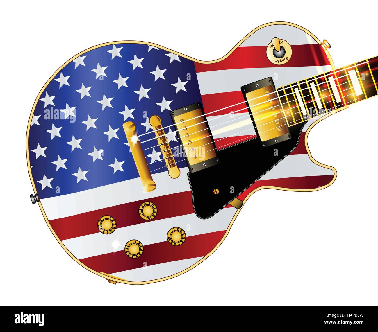 Die definitive Rock And Roll-Gitarre mit der USA-Flagge vor einem weißen Hintergrund isoliert. Stock Vektor