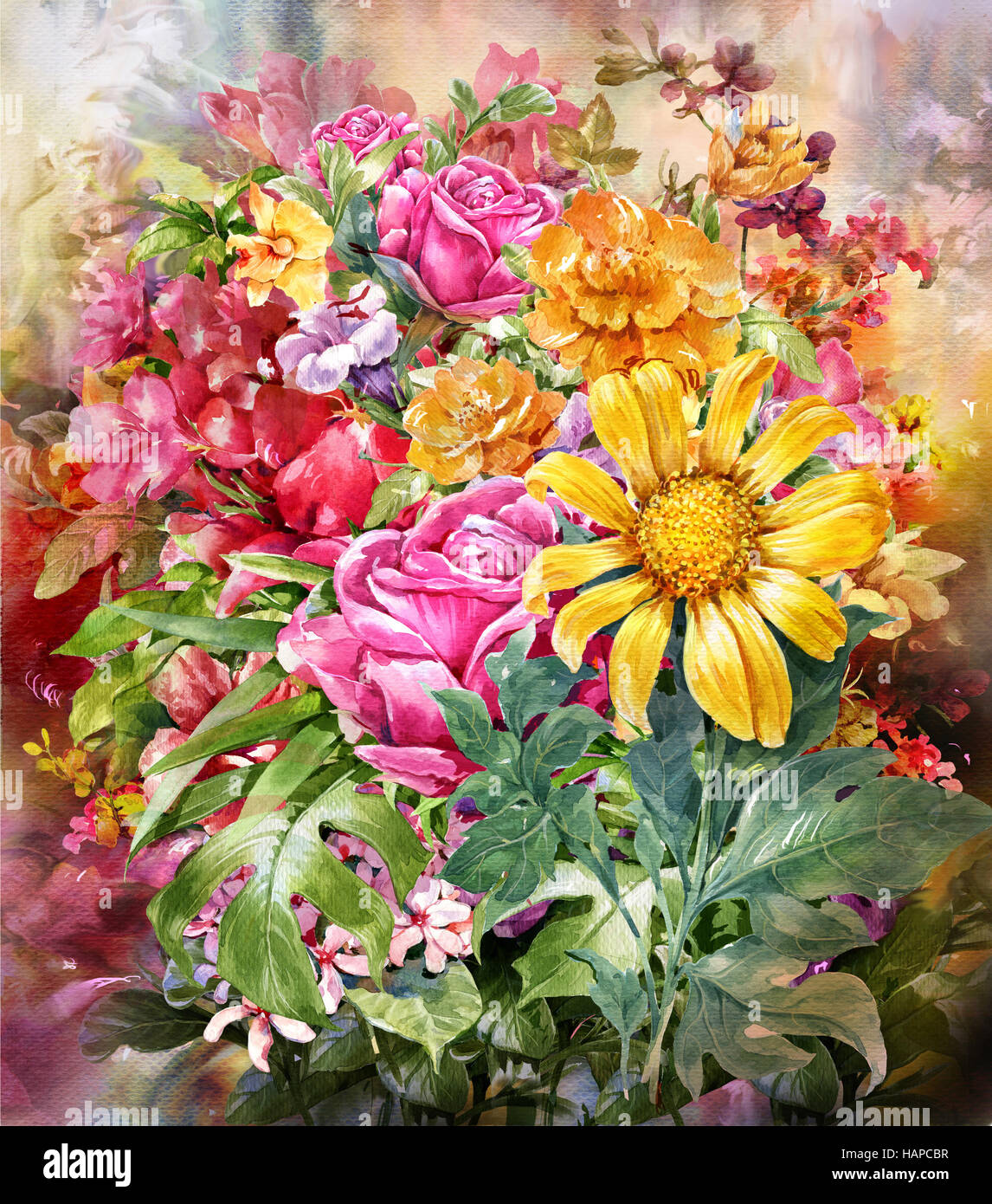 Bouquet von bunten Blumen Aquarell Stil Stockfotografie - Alamy