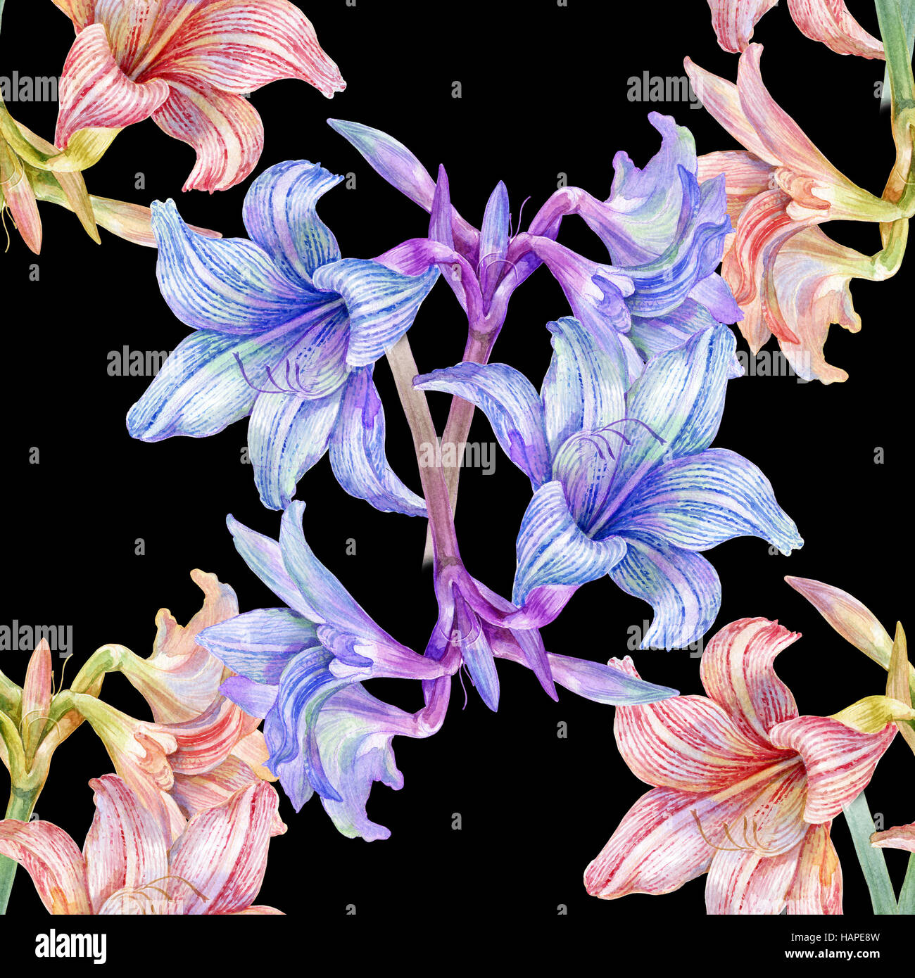 Aquarell Blumen, nahtlose Muster auf dunklem Hintergrund, Stockfoto