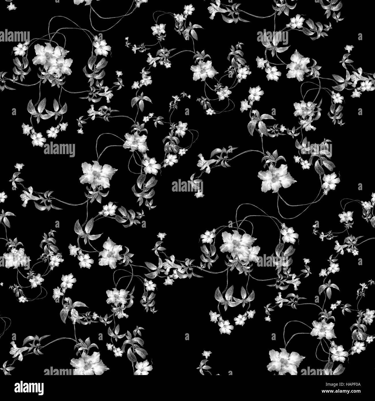 Aquarell von Blatt und Blumen, nahtlose Muster auf dunklem Hintergrund, Stockfoto