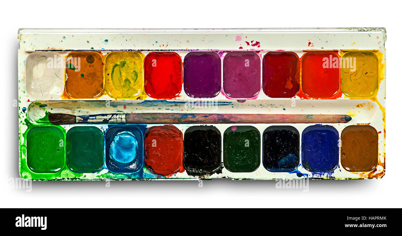 Aquarellfarben Set und Pinsel isoliert auf weißem Hintergrund Stockfoto