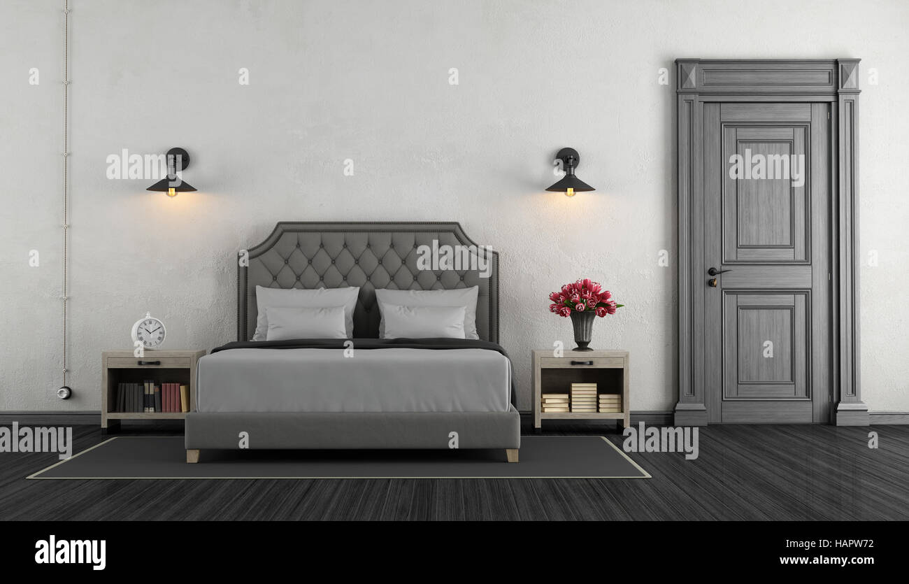 Klassische Master-Schlafzimmer mit Doppelbett und geschlossener Tür - 3d rendering Stockfoto