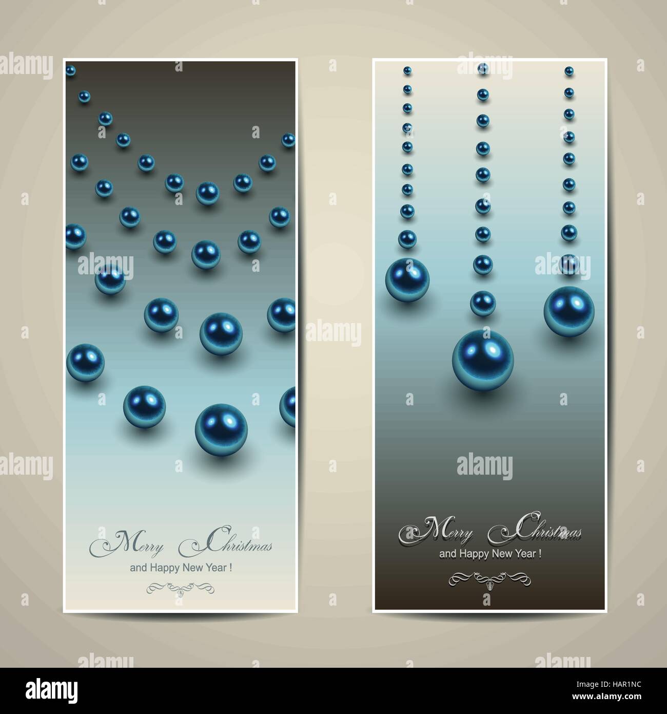 Elegante Christmas Banner mit blauen Kugeln, Perlen, Vektor. Stock Vektor