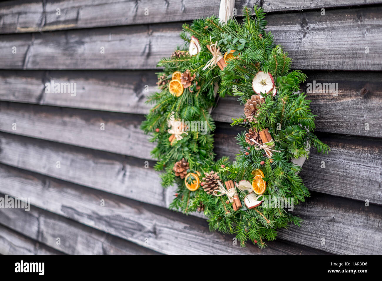 Kranz Weihnachten Holz rustikal grün Kiefer Kegel Pinecone Orangen festliche glücklich Dekoration Dekor Stockfoto