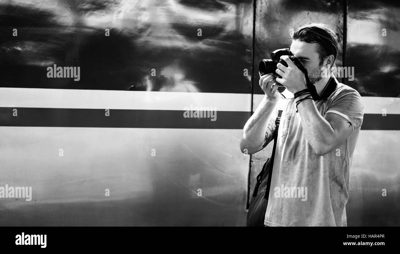 Fotograf Kamera DSLR Aufnahmen Journalist Konzept Stockfoto