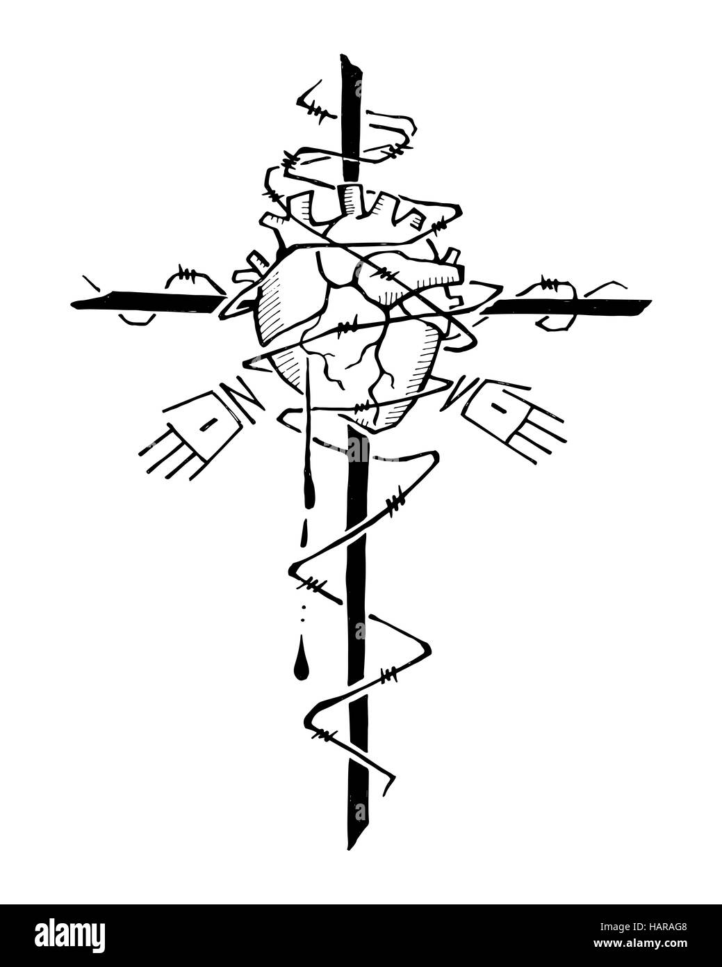 Vektor-Illustration von Hand gezeichnet oder Zeichnung von einem religiösen Kreuz und andere Symbole Stockfoto