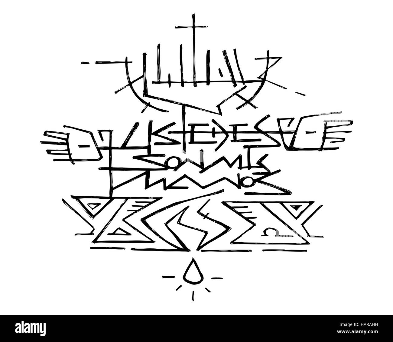 Vektor-Illustration von Hand gezeichnet oder Zeichnung von Jesus Christus an das Kreuz und den Satz auf Spanisch: Ustedes Son mis Manos, welches bedeutet: Ihr seid meine Hände Stockfoto