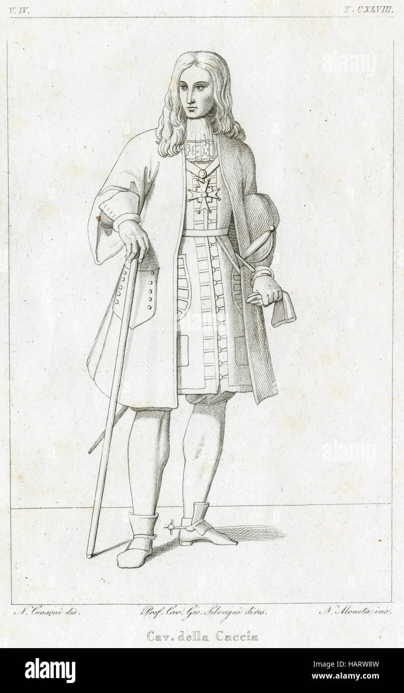 Antike c1840 Gravur, Cavaliere della Caccia. QUELLE: ORIGINAL GRAVUR. Stockfoto