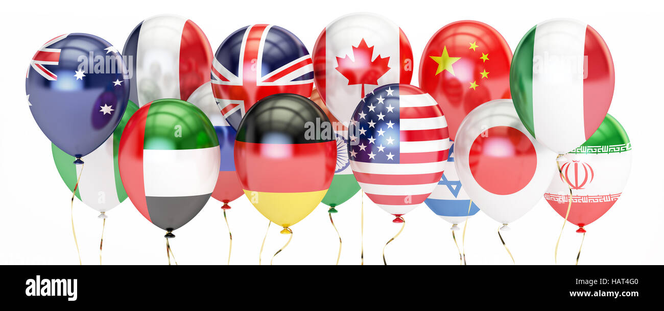 Luftballons mit verschiedenen Flaggen der Länder, Urlaub Konzept. 3D-Rendering isoliert auf weißem Hintergrund Stockfoto