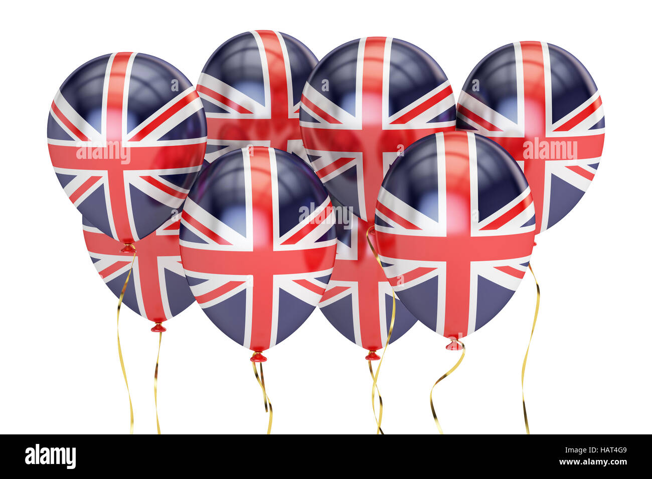 Luftballons mit Flagge von Großbritannien, Urlaub Konzept. 3D-Rendering isoliert auf weißem Hintergrund Stockfoto