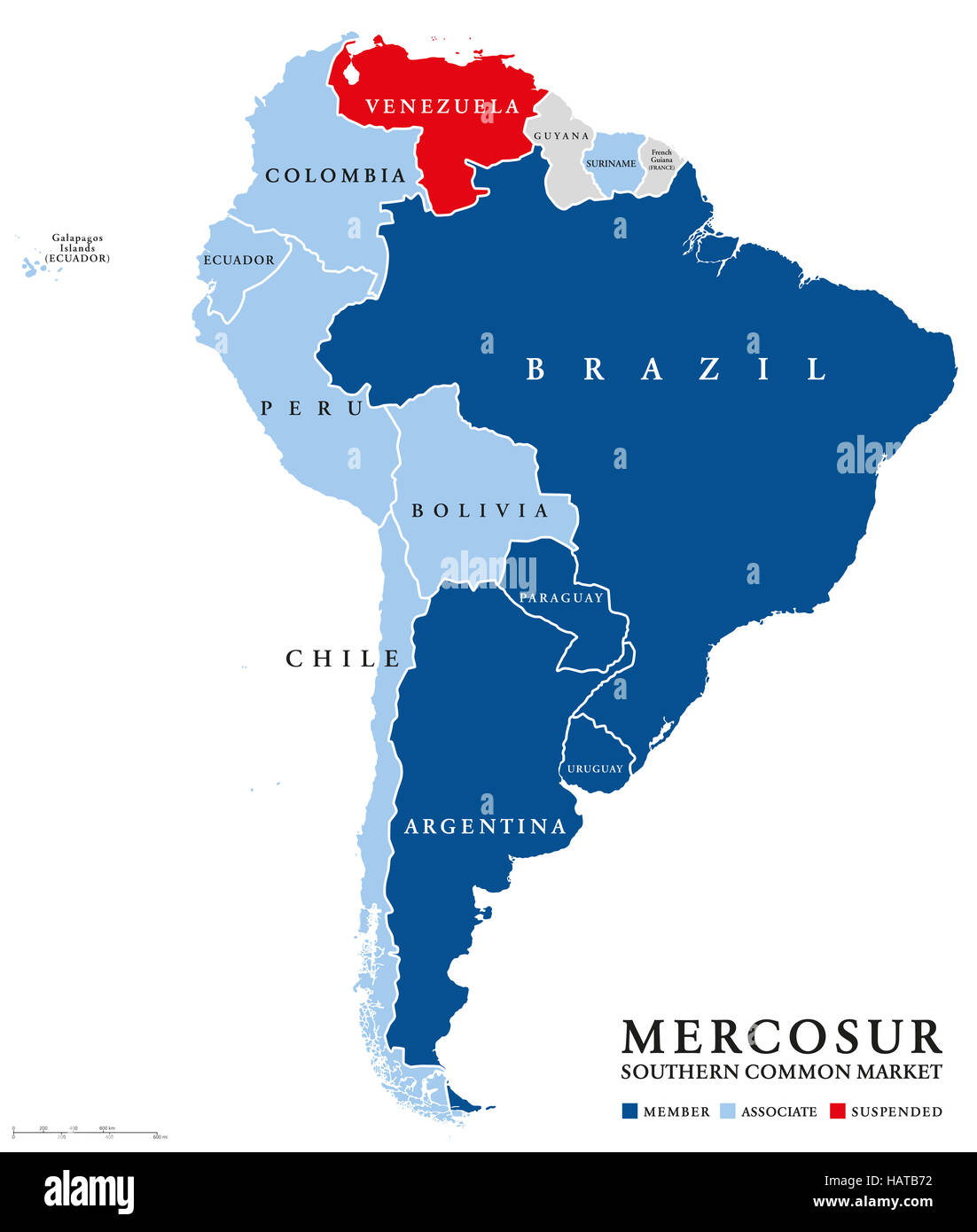 MERCOSUR-Länder Karte mit abgehängten Mitglied Venezuela. Gemeinsamen Markt des Südens, auch Mercosul. Freihandel Bloc. Stockfoto