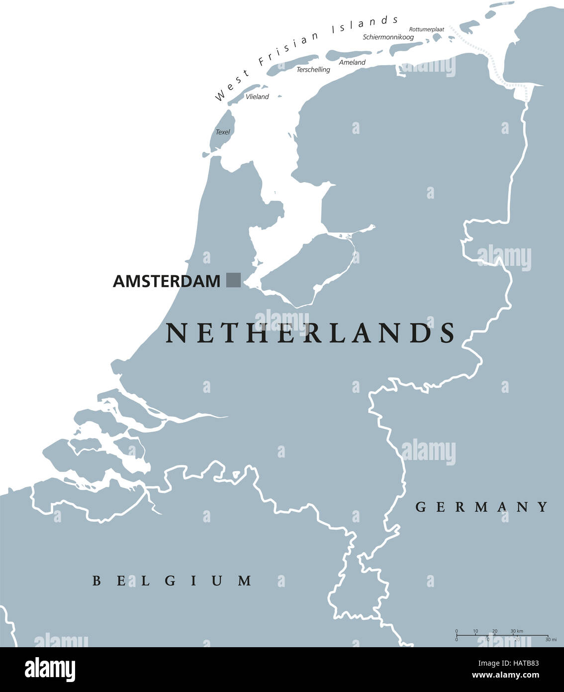 Niederlande politische Karte mit Hauptstadt Amsterdam. Holland mit Ländergrenzen und Nachbarländern. Graue Abbildung. Stockfoto