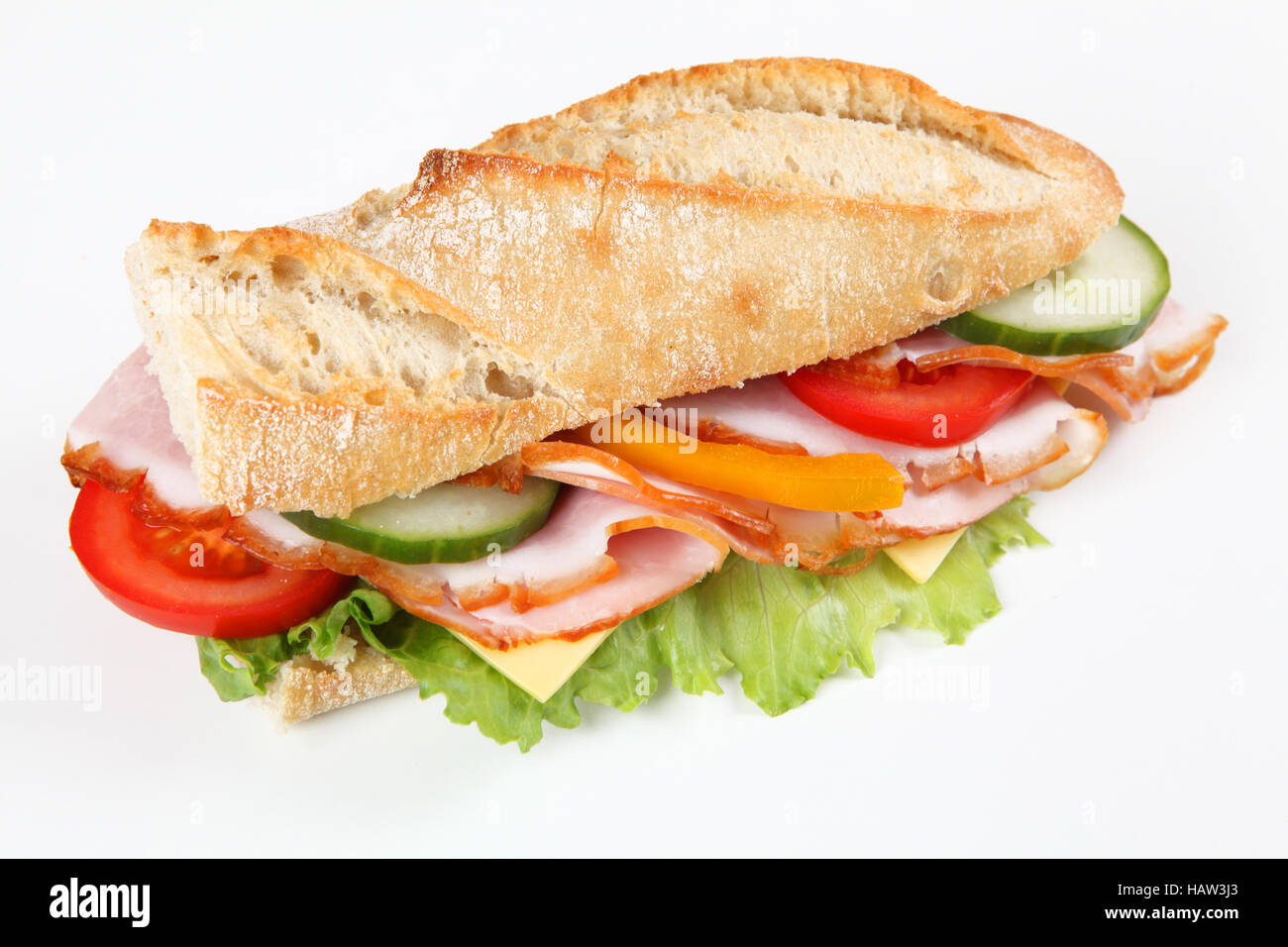 Baguette mit Schinken Stockfoto