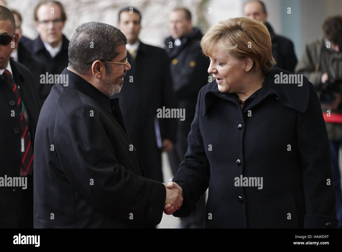 Merkel begrüßt der ägyptische Präsident Mursi Stockfoto