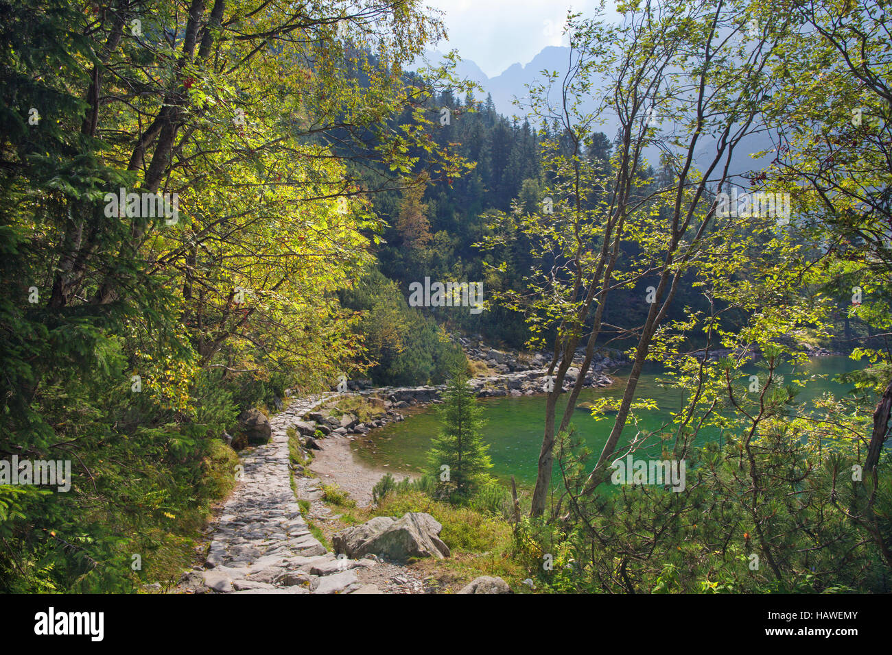 Hohe Tatra - Tourist genau umgekehrt der See Morskie Oko Stockfoto