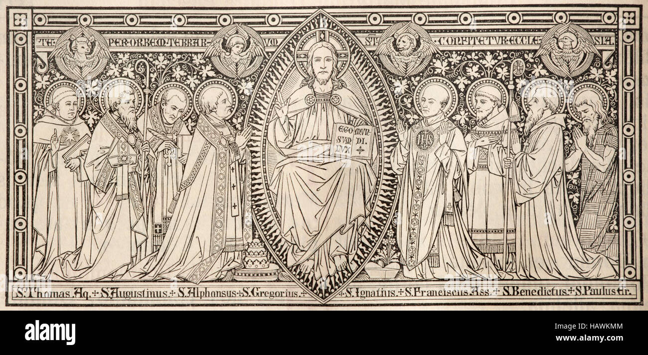 BRATISLAVA, Slowakei, NOVEMBER - 21, 2016: Die Lithographie von Jesus unter den Heiligen der unbekannten Künstlers mit Initialen F.M.S (Ende des 19. Cent.) Stockfoto