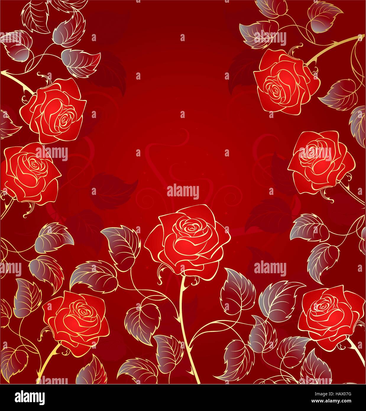 künstlerisch gezeichnet, Kontur, goldene rote Rosen auf einem leuchtend roten Hintergrund. Stock Vektor