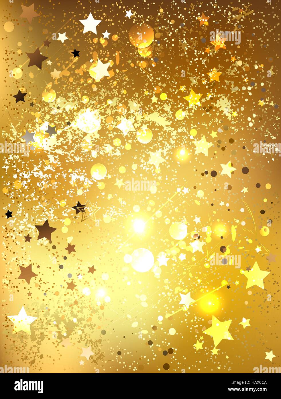 Hintergrund der Goldfolie mit glänzenden goldenen Sternen. Stock Vektor