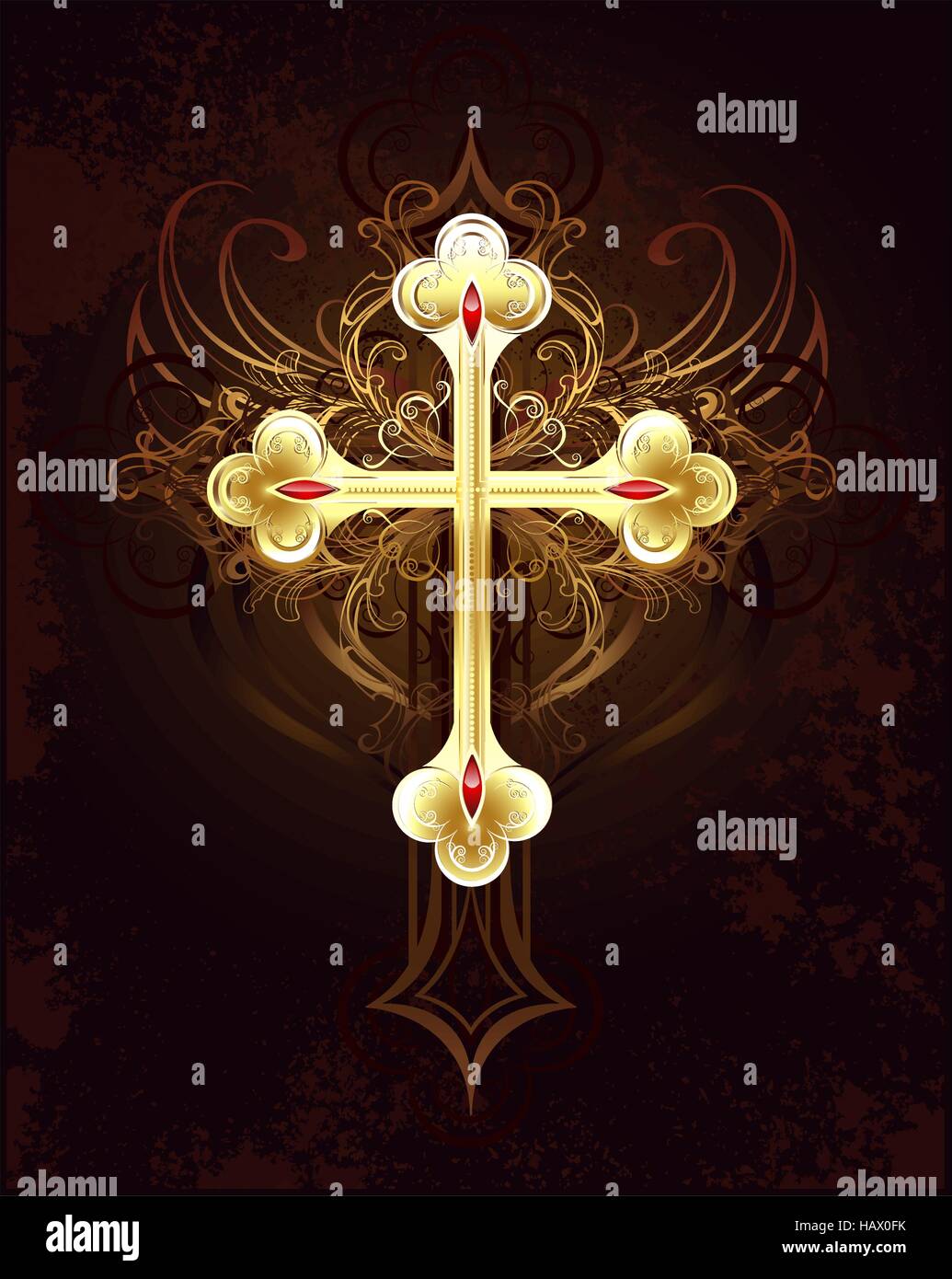 Goldfiligran Kreuz auf einem braunen dunklen Hintergrund getragen. Stock Vektor