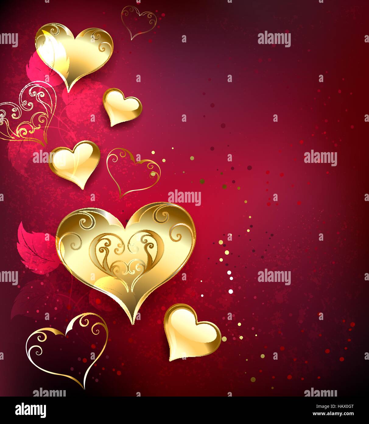 Gold, Blätter Schmuck Herz auf rot strukturellen Hintergrund mit Rosen Stock Vektor