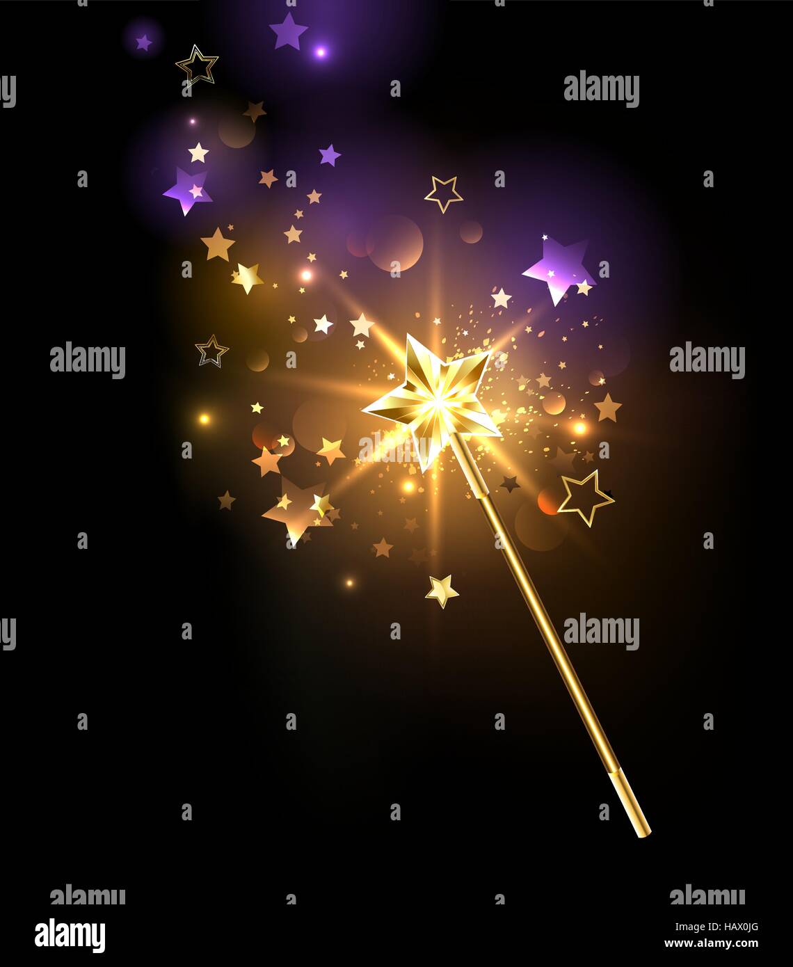 Zauberstab, verziert mit goldenen Sternen auf einem schwarzen Hintergrund Stock Vektor
