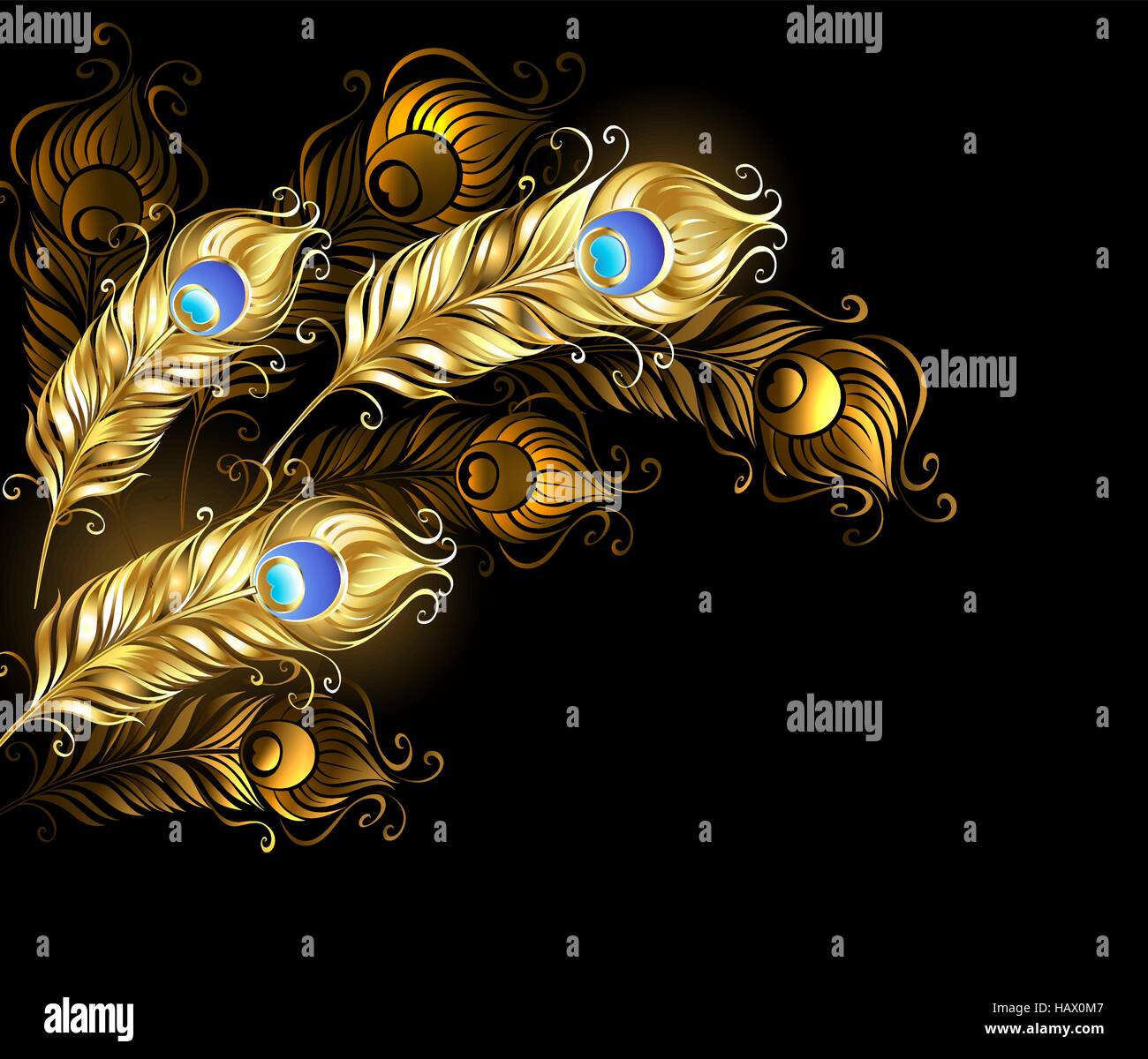 Gold Pfauenfedern auf einem schwarzen Hintergrund. Stock Vektor