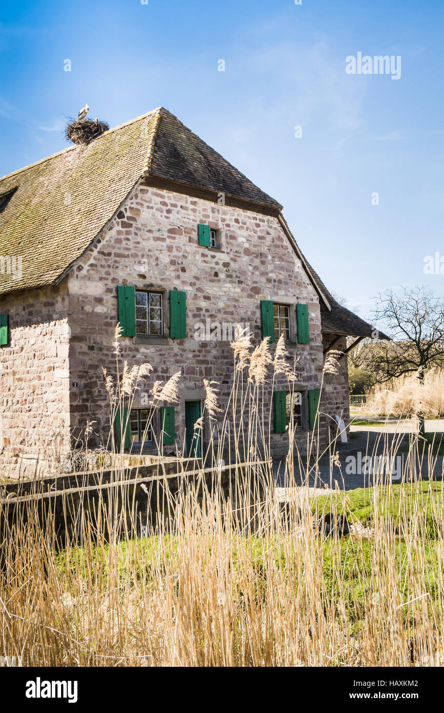 historische Steinhaus, nisten stork´s Stockfoto