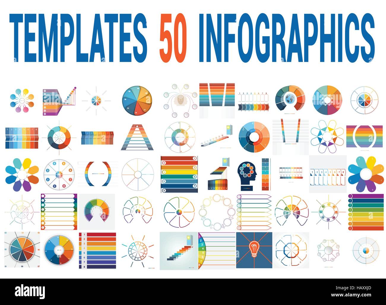 50 Vorlagen Vektor für Infografiken, Kreisdiagramm, Ring-Diagramm, Flächendiagramm, Timeline, Diagramm mit Textbereichen für acht Positionen. Stock Vektor