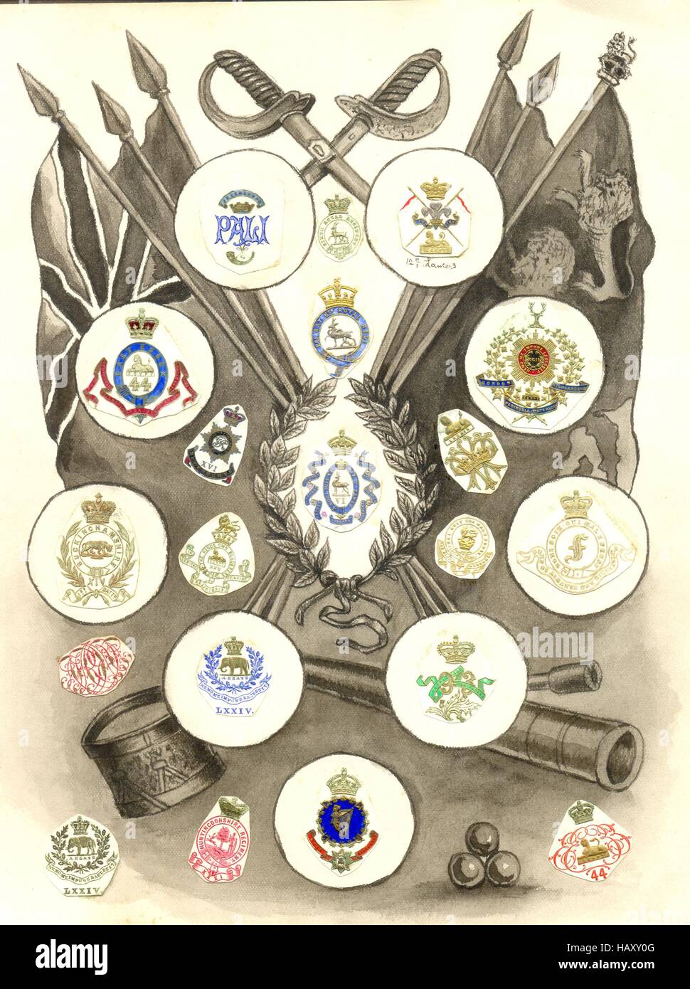 Von Hand bemalt Seite aus Schrott Album zeigt Militär Wappen. Stockfoto