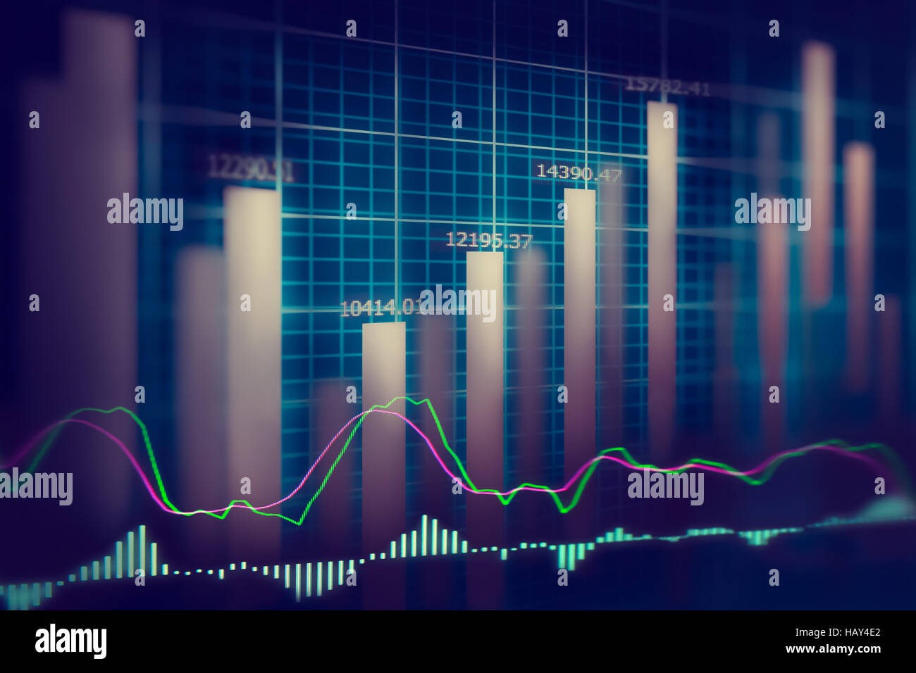 Finanzielle Börsendaten. Diagramm der Aktienmarkt, Börse Daten Graph-Diagramm auf LED-Konzept Stockfoto