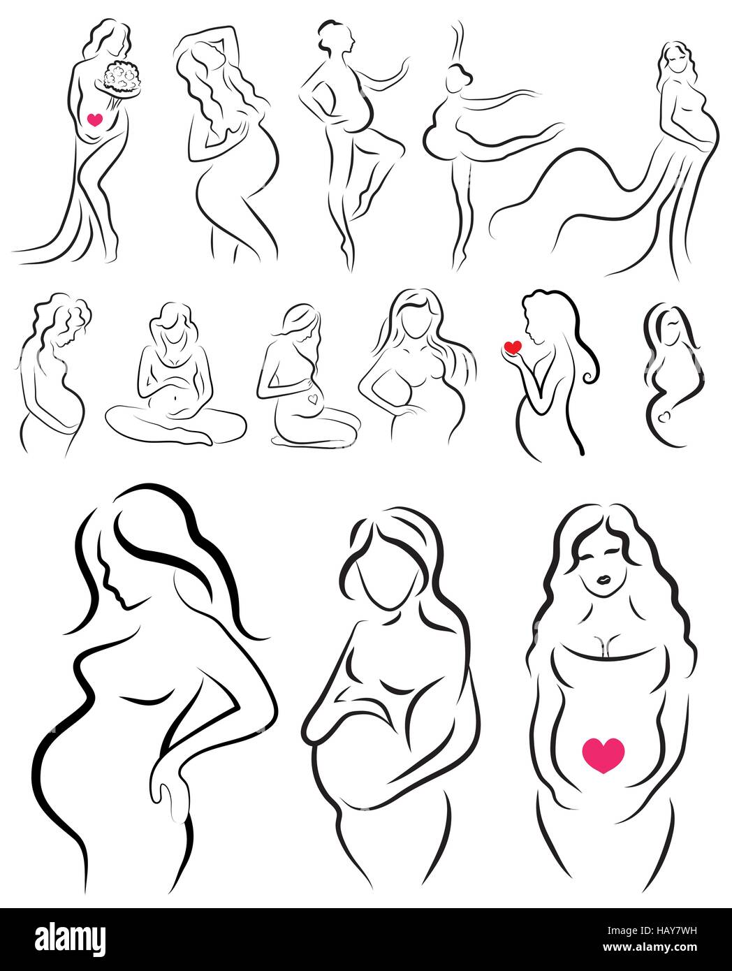 Schwangere Frauen-Silhouette, schwanger Skizze, isolierte Vektor Symbol einstellen Stock Vektor