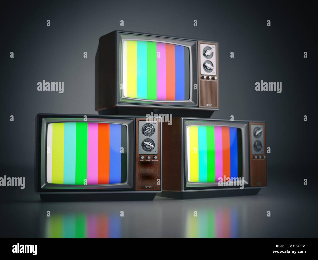 Haufen von Retro-TV-sets mit kein Signal. Kommunikation, Medien und Fernsehen Konzept... 3D illustration Stockfoto