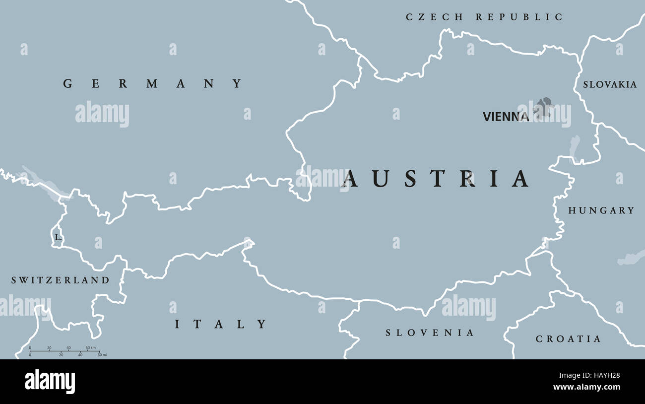 Österreich politische Karte mit Hauptstadt Wien, nationale Grenzen und Nachbarländern. Bundesrepublik Deutschland im Herzen Europas. Stockfoto