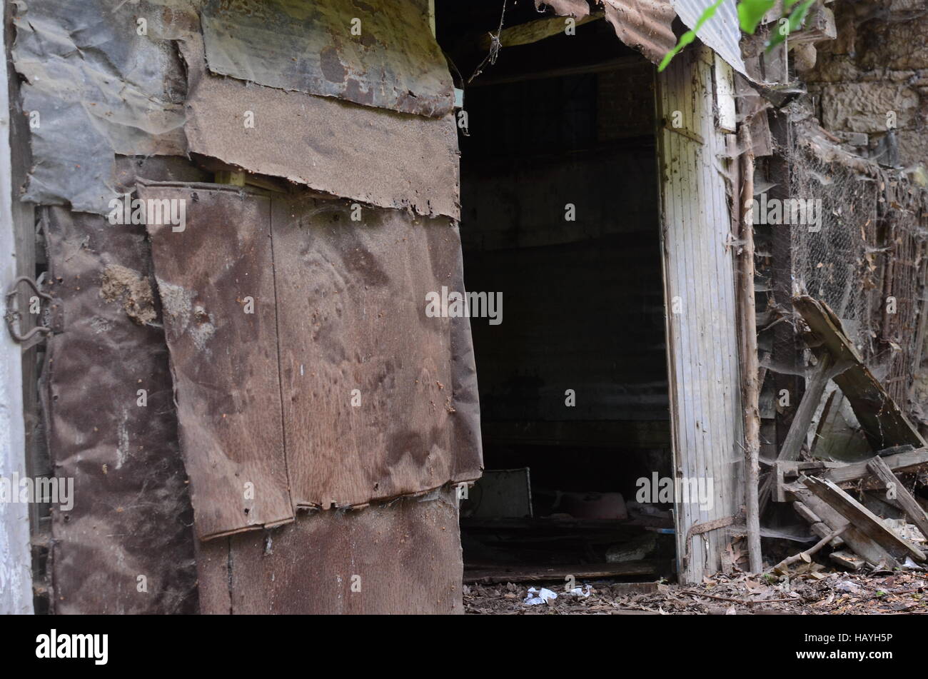Urban Exploration in einem alten verlassenen Lagerhaus im Wald Stockfoto