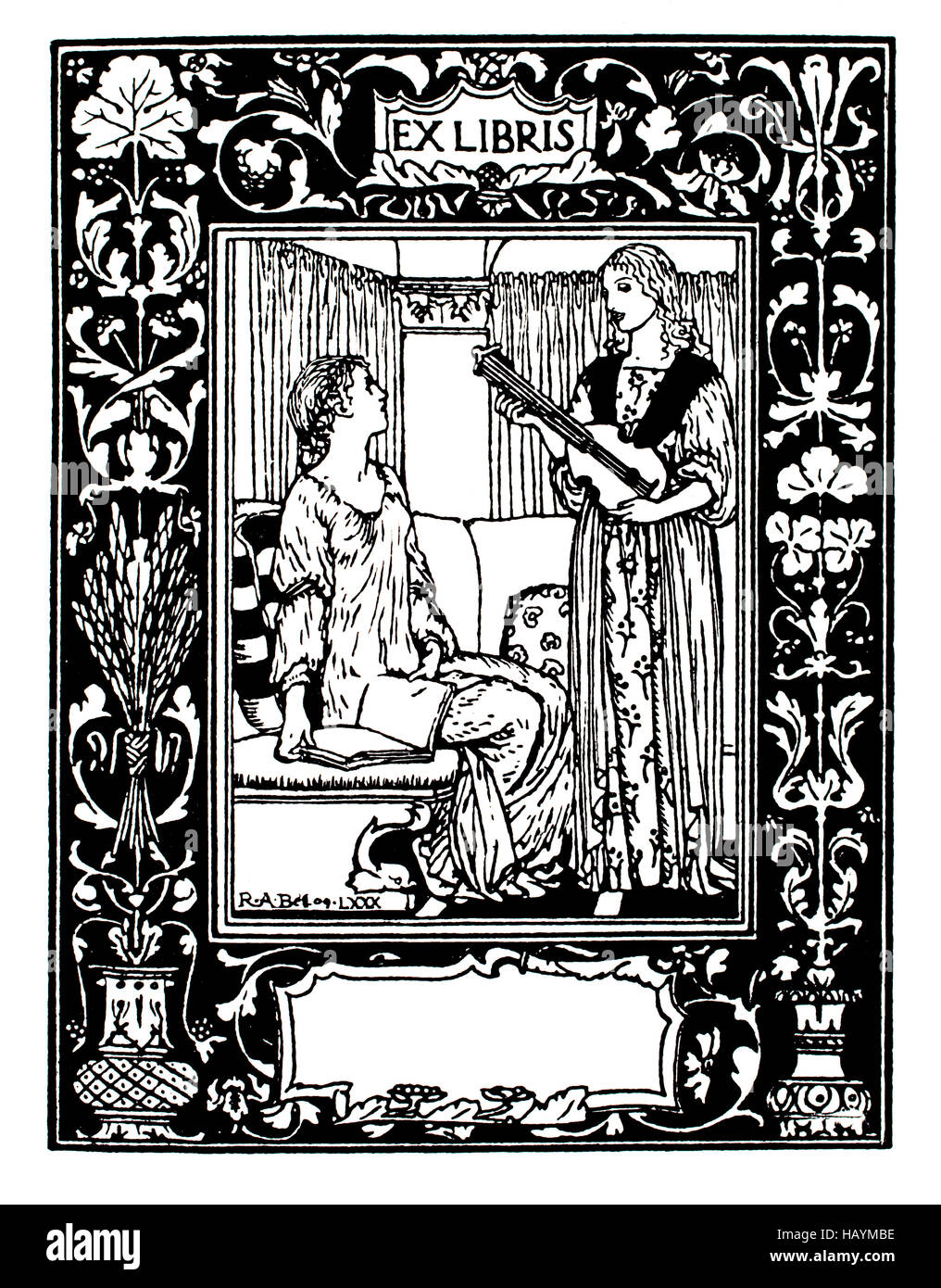 Ex Libris leere Bibliothek Exlibris von R Anning Bell Linie Illustration aus 1911 Studio Magazin Stockfoto