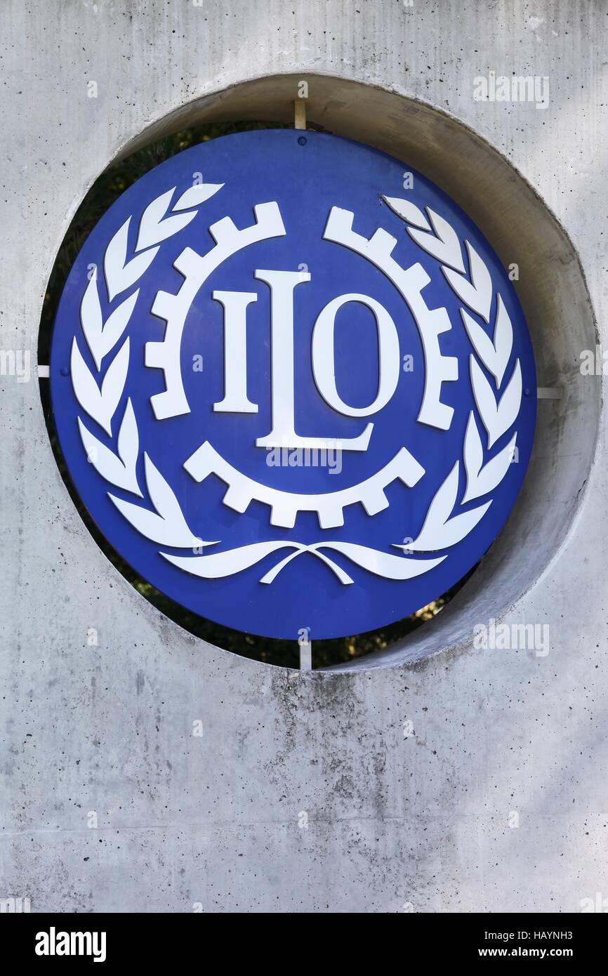 ILO-Zeichen an der Wand in Genf, Schweiz Stockfoto