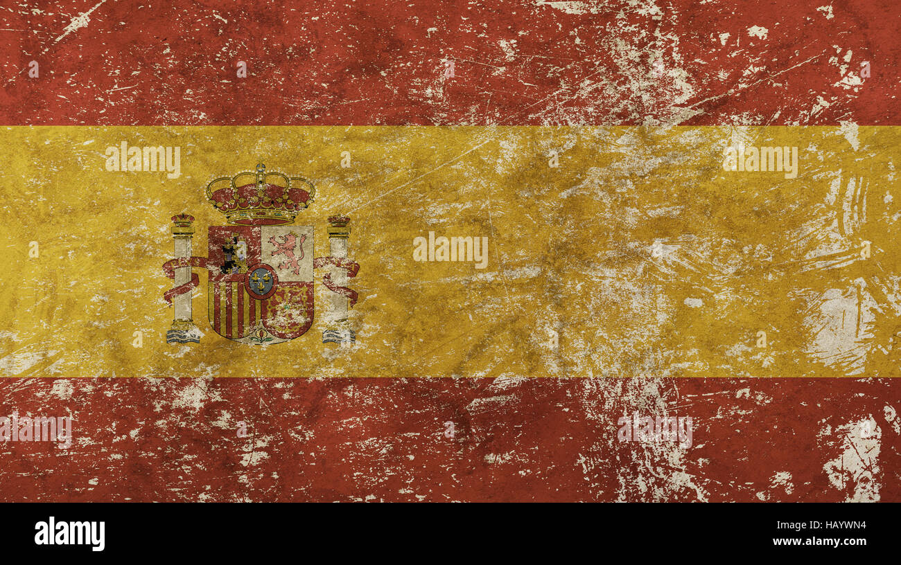 Alten Grunge Vintage verschmutzt verblasst schäbig notleidende Königreich Spanien spanische Nationalflagge Hintergrund Stockfoto