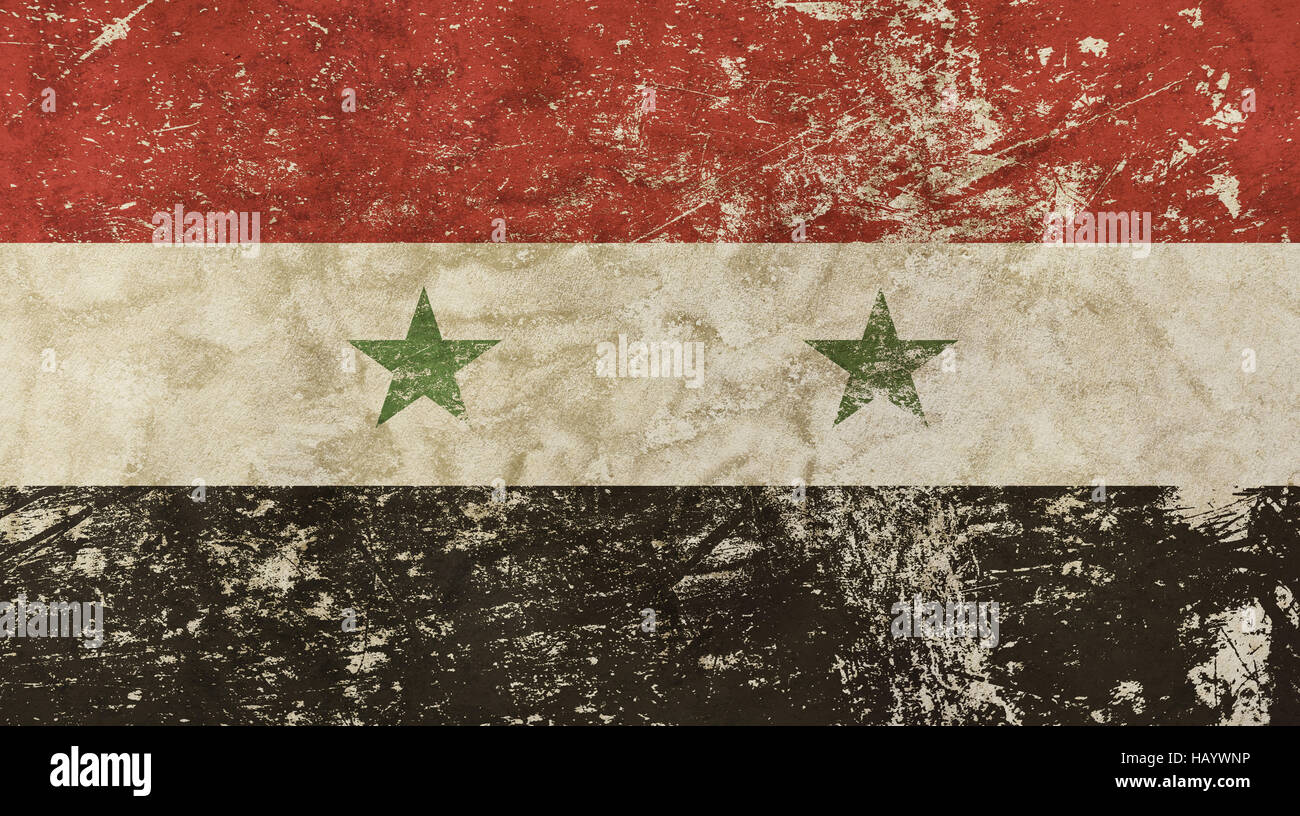 Alten Grunge Vintage verschmutzt verblasst schäbig distressed Syrien oder arabische Republik Syrien Flagge Hintergrund Stockfoto