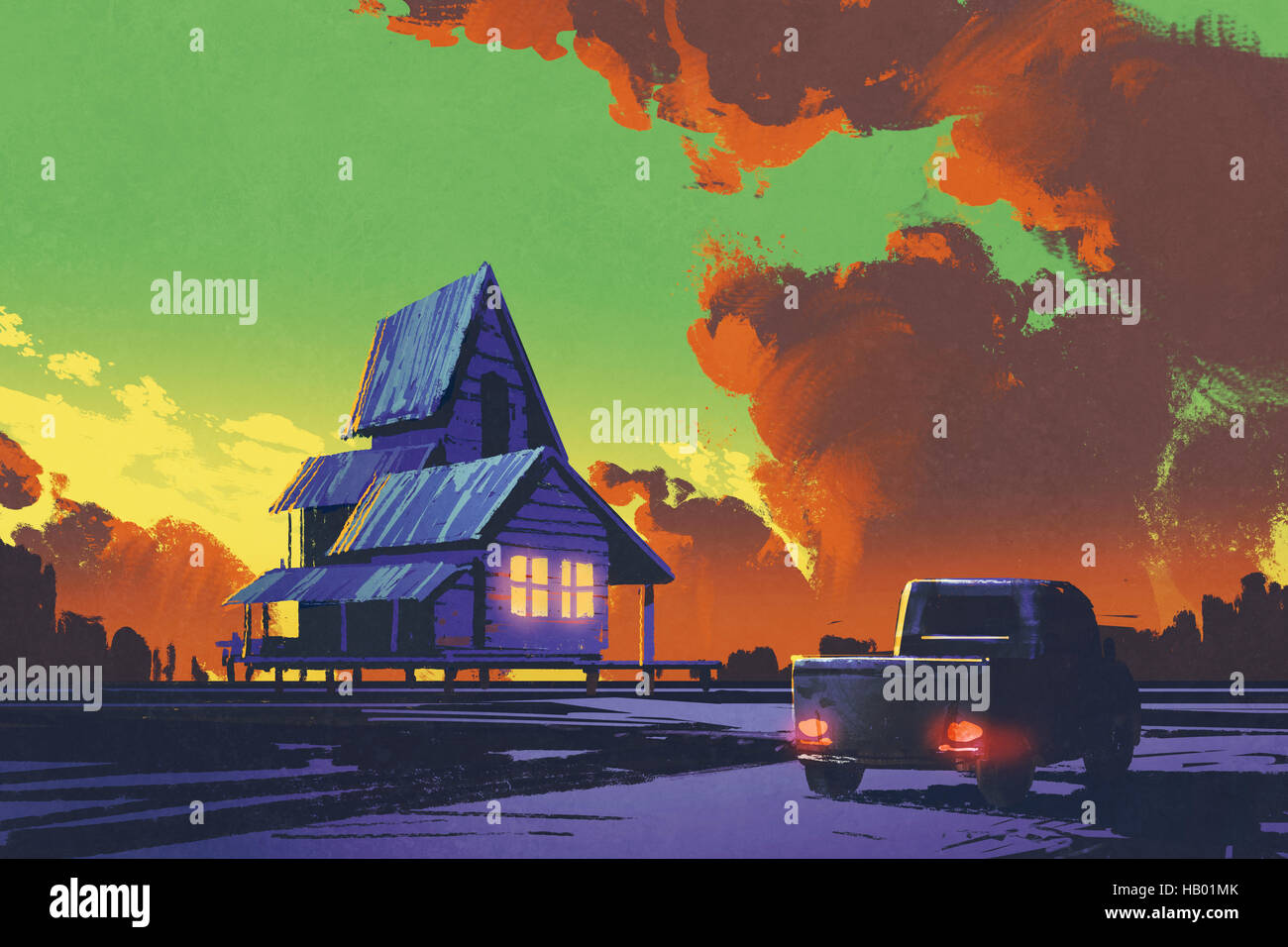 Landschaft mit alten Pickup-Truck und altes Haus vor bunten Himmel, Illustration, Malerei Stockfoto