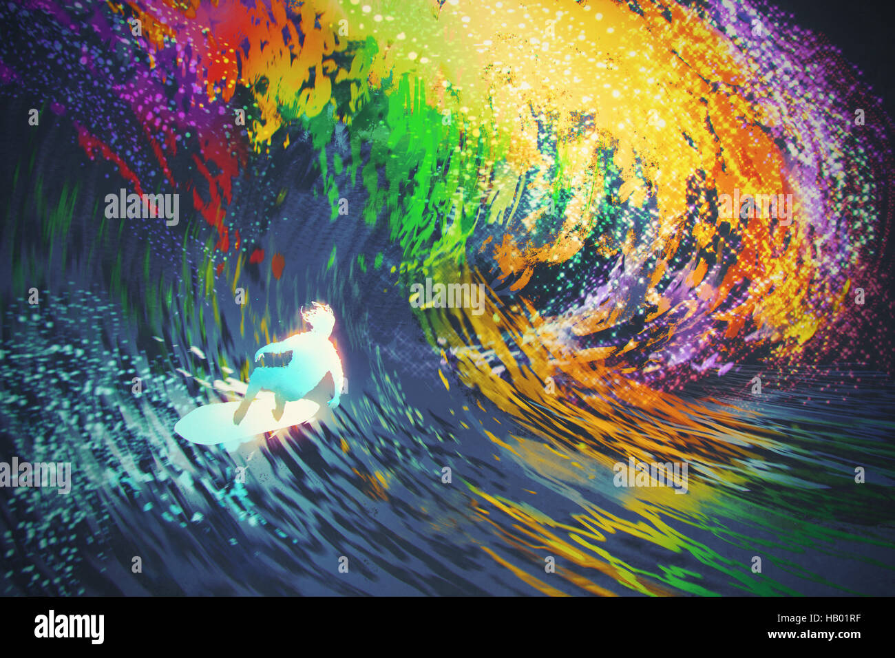 Extreme Surfer reitet eine bunte Meereswelle, Illustration, Malerei Stockfoto