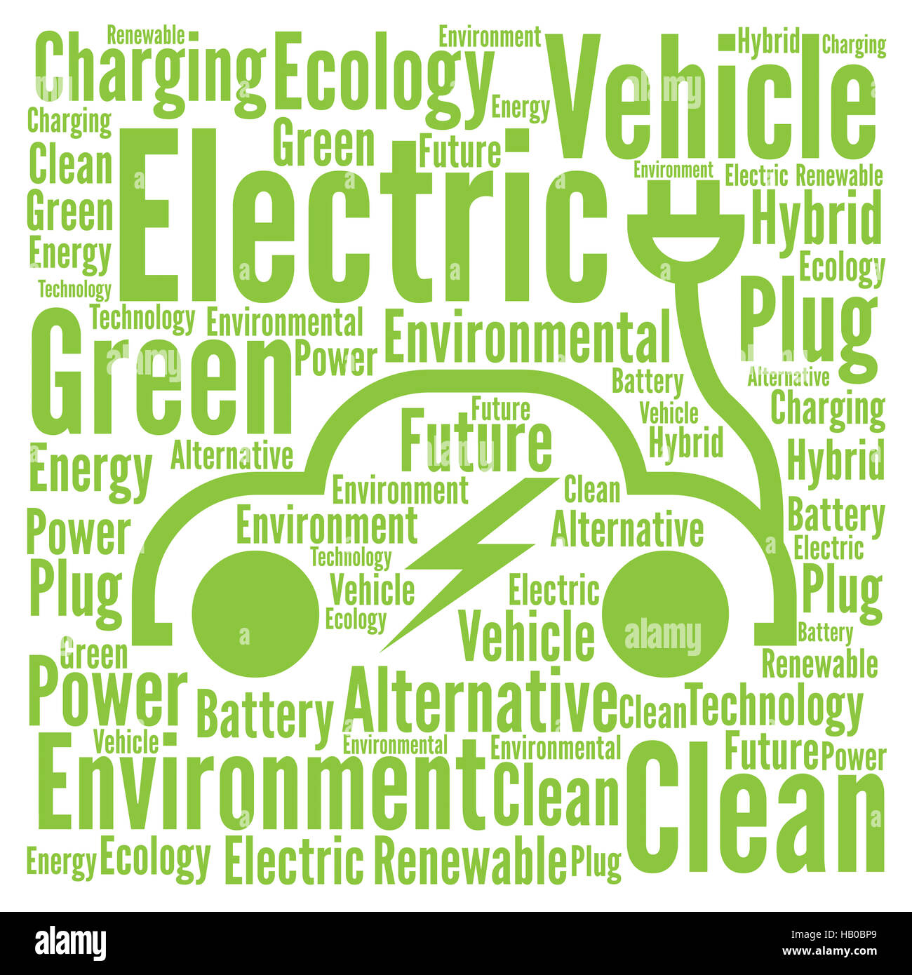 Elektrische und sauberes Fahrzeug Word Cloud-Konzept Stockfoto