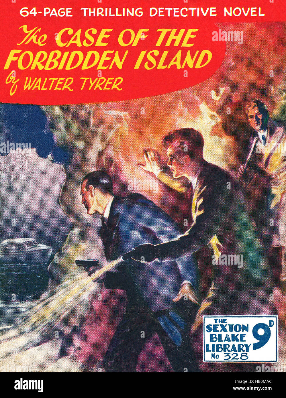 Vordere Abdeckung von The Fall Of The verboten Island von Walter Tyrer. Ausgabe 319 der Sexton Blake Library, veröffentlicht im Januar 1955. Stockfoto